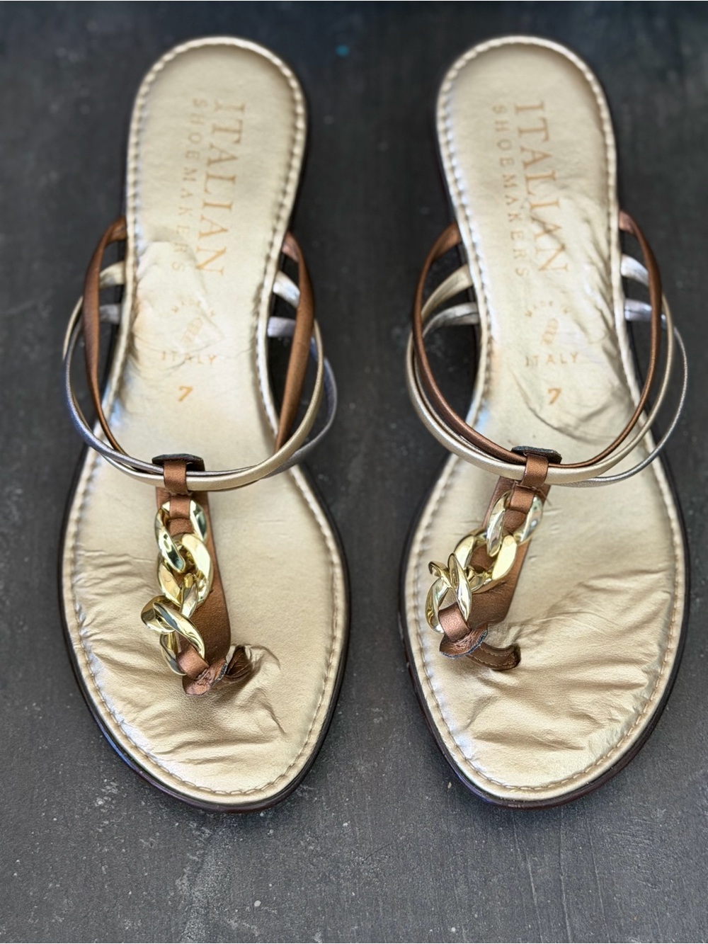 Italian Shoemakers Gold and Brown Chain-Accent Toe-Ring Sandals